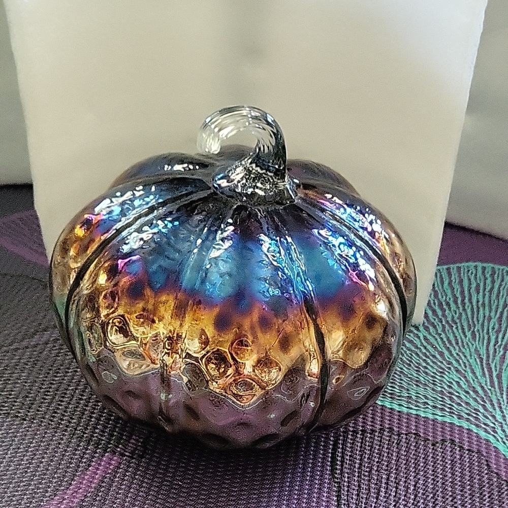 Pier 1 Iridescent Blue and Gold Glass Pumpkin